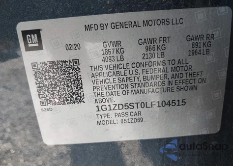 2020 Chevrolet Malibu Fwd Lt z USA, uszkodzony, nr VIN 1G1ZD5ST0LF104515